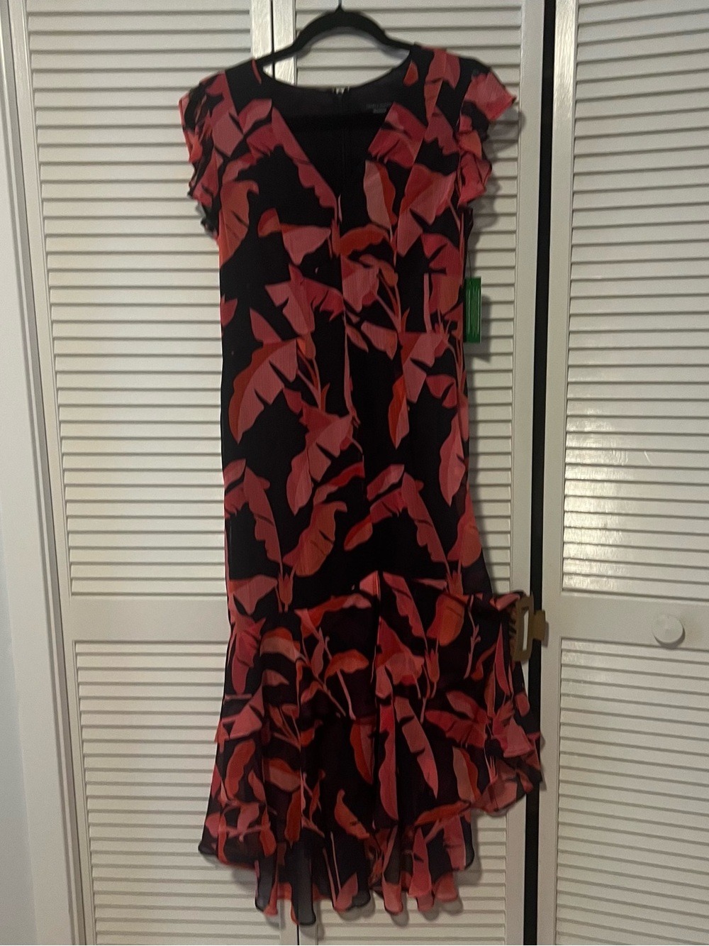 Tommy Hilfiger Black Dress with Red Leaf Print and Ruffle Hem
